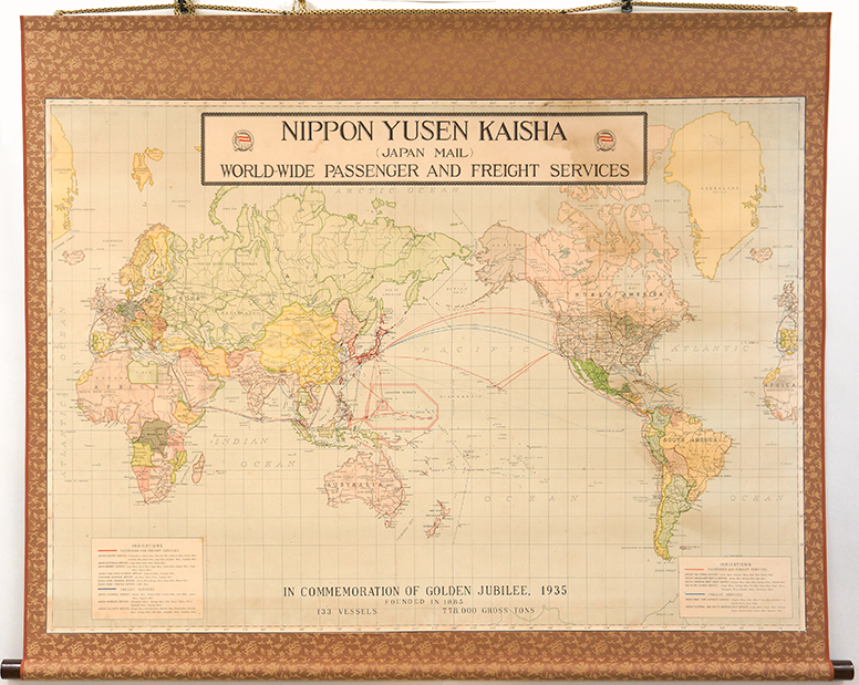 画像日本郵船株式会社50周年記念 世界地図海図修理後